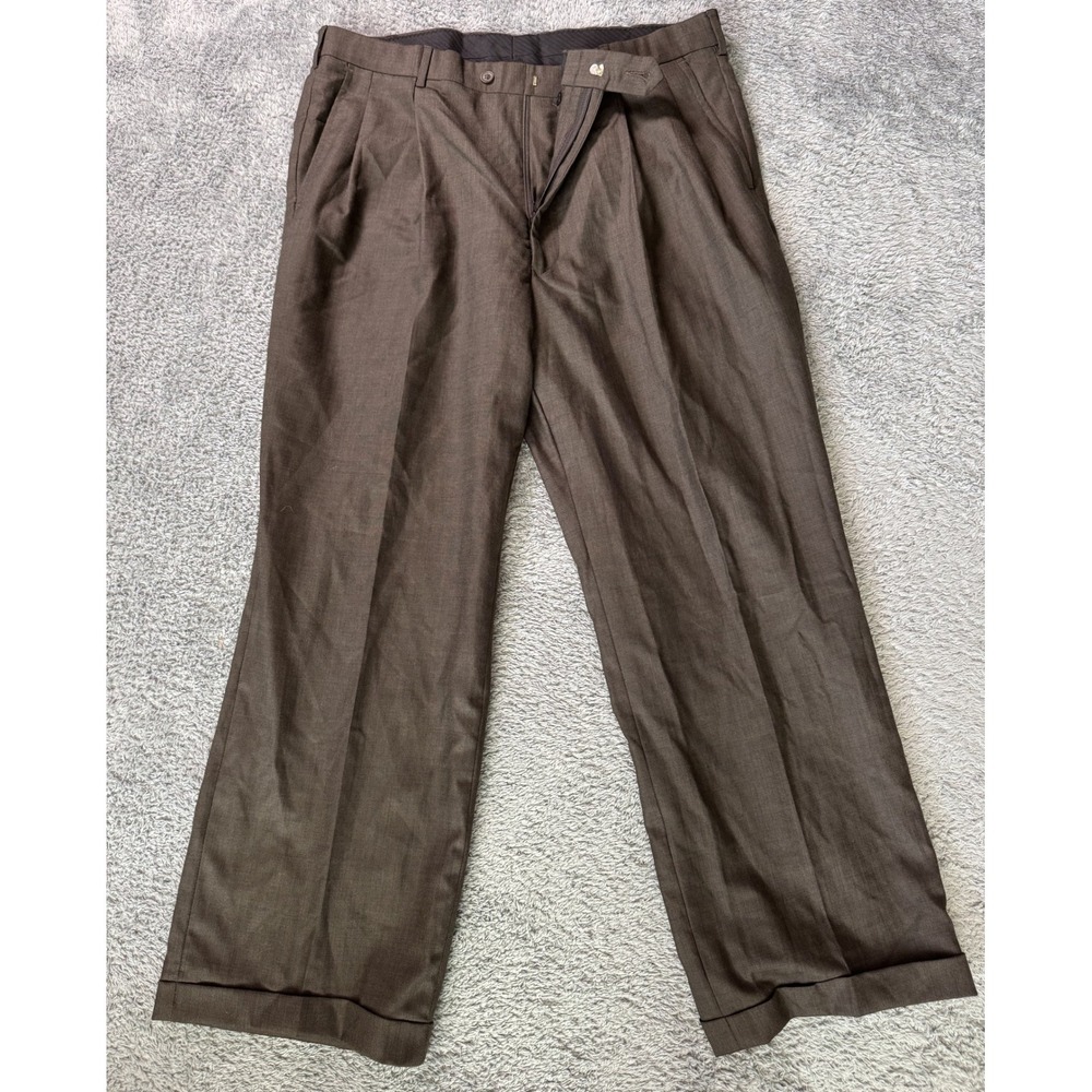 Stafford Mens Pleated‎ Dress Pants 35x29 Brown 100% Pure New Wool
